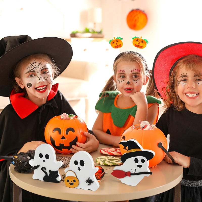 COCHIE Cute Ghost Halloween Decorations Indoor, Wooden Tiered Tray Decor Table Sign Set of 3, Black Cat Bat Witch Broom Signs Pumpkin Blocks for Party Home Shelf Display (A-Ghost) - Image 5